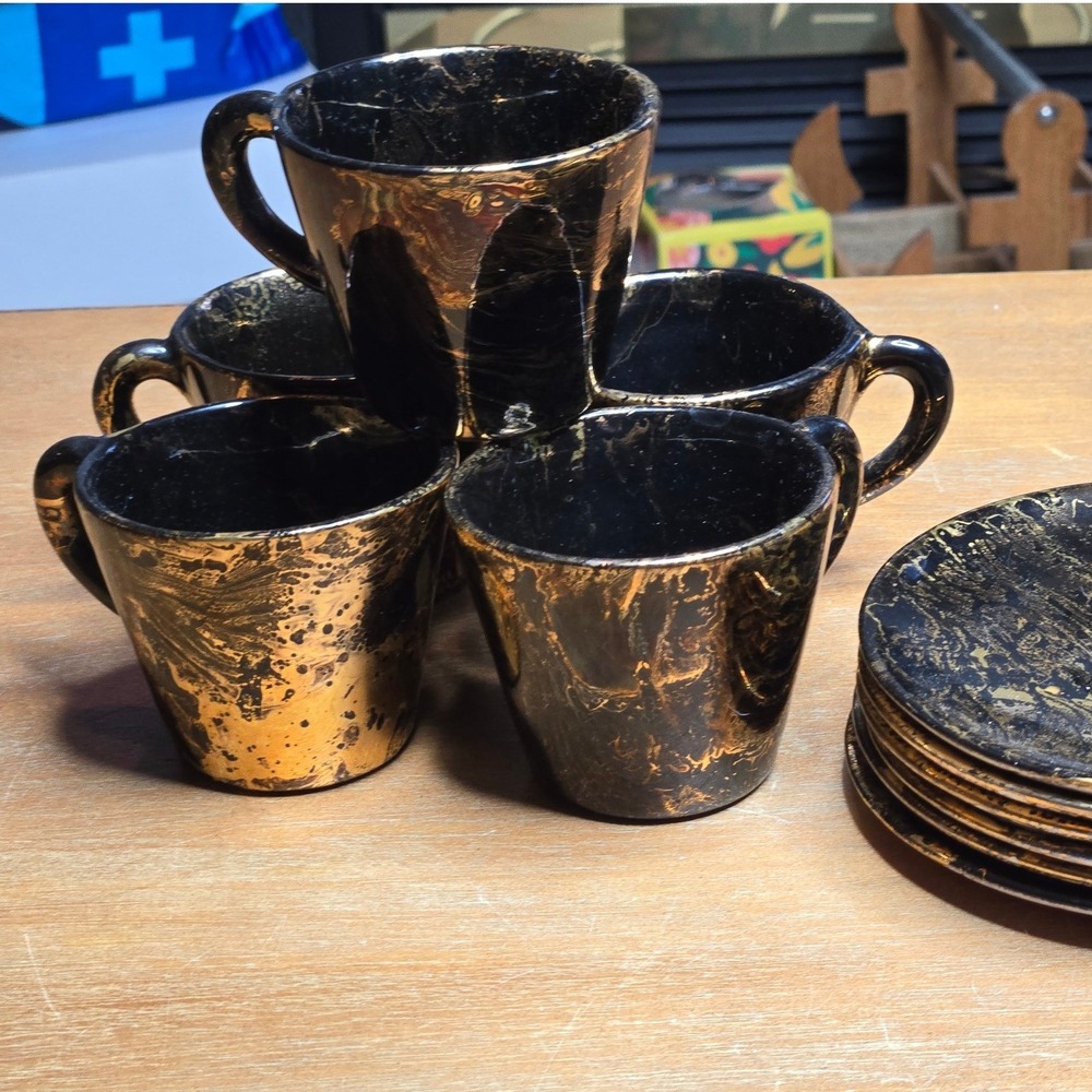 MCM Sascha Brastoff Espresso Cup Saucer Set 10pc Vintage Marbled
